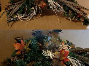 Northwoods Memories Pine Swag Pheasant Feathers Raffia Bow Autumn Leaves #W18