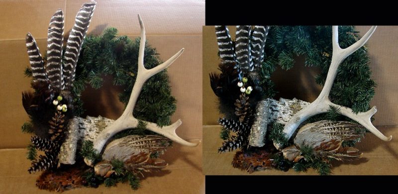 Pine Wreath Deer Antler Turkey and Pheasant Feathers Wall Hanging #W19, Moose-R-Us.Com Log Cabin Decor