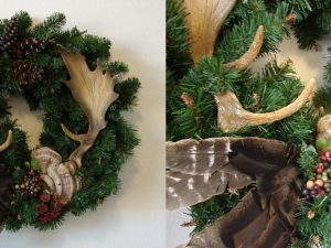 Realistic Pine Wreath Faux Moose Antler Turkey Feather Fairy Shelf Wall Hanging Arrangement #W10