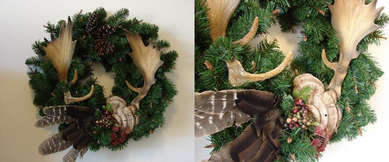 Realistic Pine Wreath Faux Moose Antler Turkey Feather Fairy Shelf Wall Hanging Arrangement #W10, Moose-R-Us.Com Log Cabin Decor