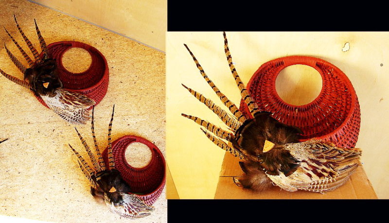 Northwoods Memories Red Wicker Wall Basket Set Pheasant Feathers #W5, Moose-R-Us.Com Log Cabin Decor