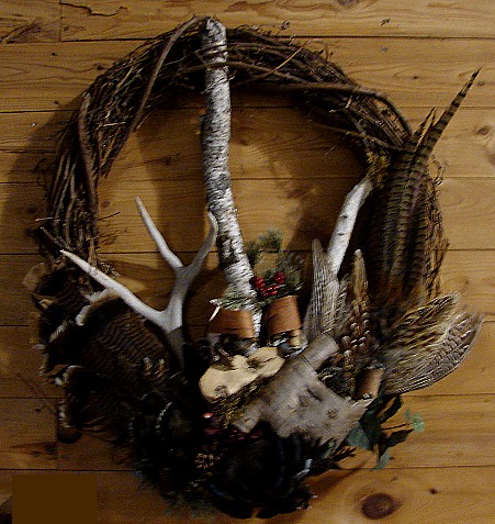 Extra Large Grapevine Wreath Birch Log Deer Antler Feathers Wall Hanging #W20, Moose-R-Us.Com Log Cabin Decor