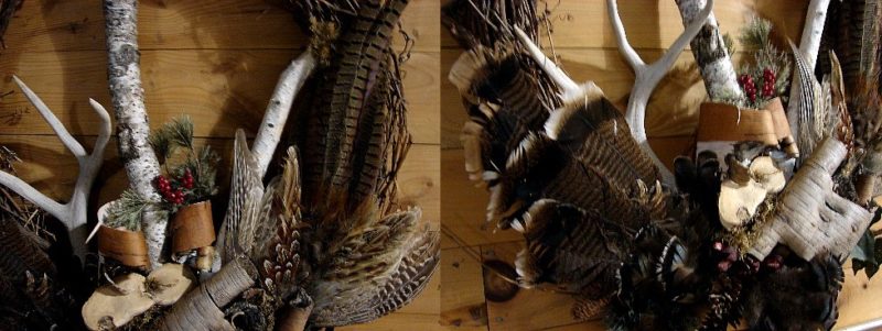 Extra Large Grapevine Wreath Birch Log Deer Antler Feathers Wall Hanging #W20, Moose-R-Us.Com Log Cabin Decor