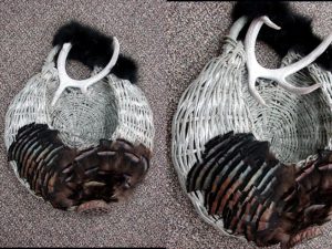 Large Grey Woven Basket Wall Pouch Turkey Black Fox Deer Antler #W42