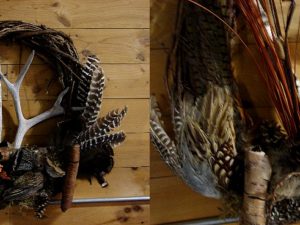 Extra Large Grapevine Wreath Birch Log Deer Antler Feathers Wall Hanging #W21