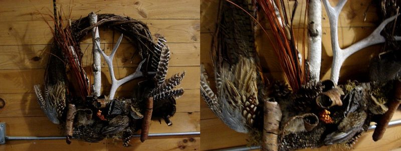 Extra Large Grapevine Wreath Birch Log Deer Antler Feathers Wall Hanging #W21, Moose-R-Us.Com Log Cabin Decor