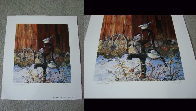 Doughty Artist Proof At the Pump Chickadee Antique Farm Print, Moose-R-Us.Com Log Cabin Decor