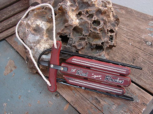 Old Fashion Red Rocket Wood Metal Sled Ornament, Moose-R-Us.Com Log Cabin Decor