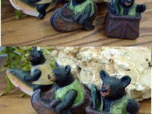 Resin Woodland Bear Ornament Set/3 Trout Canoe Creel