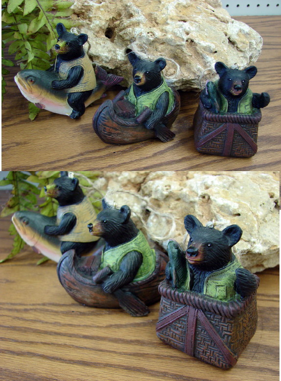 Resin Woodland Bear Ornament Set/3 Trout Canoe Creel, Moose-R-Us.Com Log Cabin Decor