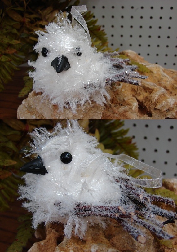 Fluffy Snow Bird Twig Tail Northwoods Ornament, Moose-R-Us.Com Log Cabin Decor