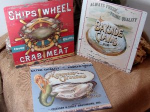 3 Antiqued Tin Seafood Signs Crab Meat Clams Oysters Beach Theme Decor