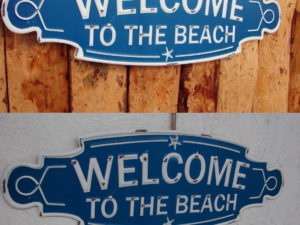 Large Embossed Tin Blue White Welcome to the Beach Sign