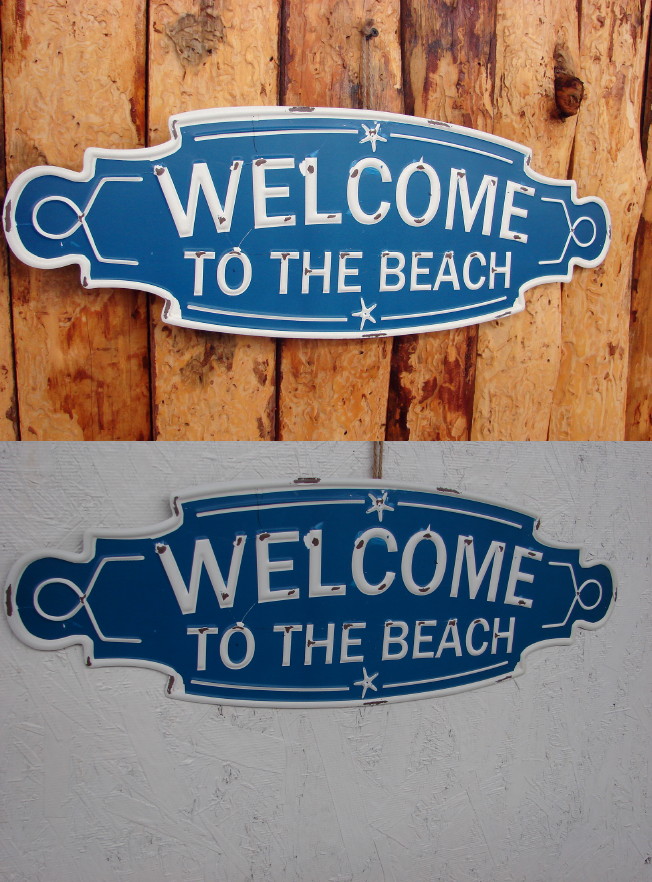 Large Embossed Tin Blue White Welcome to the Beach Sign, Moose-R-Us.Com Log Cabin Decor