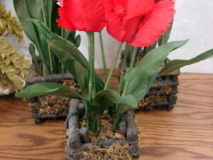 Realistic Silk Parrot Tulip Plant Rustic Wood Moss Planter Set/6