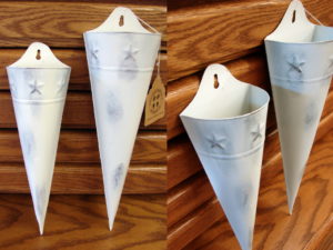 Primitive White Washed Tin Star Wall Pocket Cones Set/2