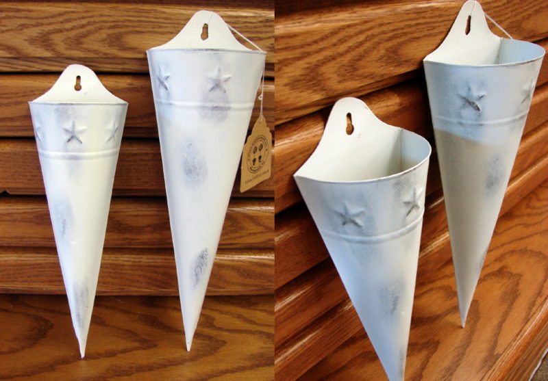 Primitive White Washed Tin Star Wall Pocket Cones Set/2, Moose-R-Us.Com Log Cabin Decor