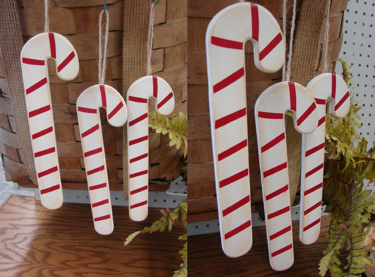 Set/3 Traditional Wood Candy Cane Ornaments, Moose-R-Us.Com Log Cabin Decor