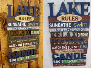 Wood Lake Rules Silhouette Wall Sign Swim Walks Fishing Sunset Canoe
