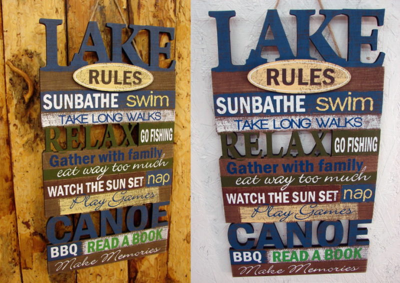 Wood Lake Rules Silhouette Wall Sign Swim Walks Fishing Sunset Canoe, Moose-R-Us.Com Log Cabin Decor