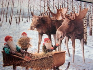 Swedish Scandinavian Bergerlind Winter Moose and Skiing Tomte Gnome Door Mat Rug