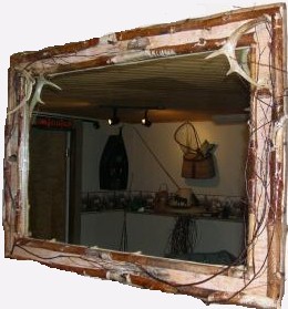 Birch Bark, Real Deer Antler and Young Twig Mantel Custom Made Frame Style 7, Moose-R-Us.Com Log Cabin Decor