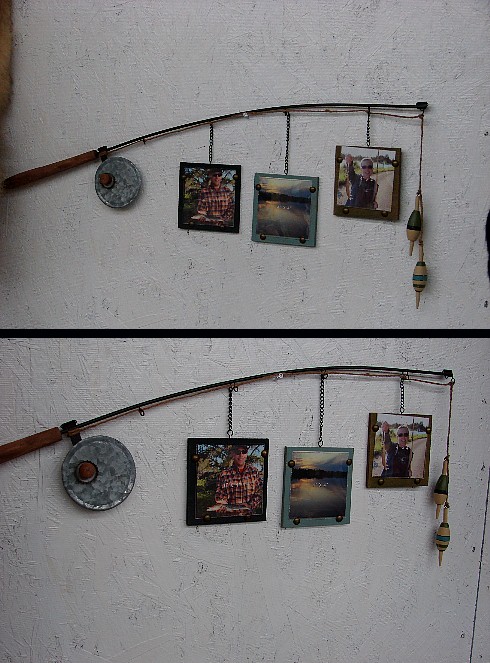 Wall Hanging Fishing Pole Triple Picture Frame -  Log Cabin  Decor