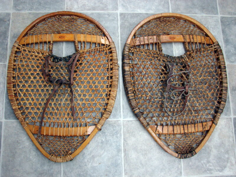 Vintage Faber Elbow Round Rawhide Wood Snowshoes Leather Strap Bindings, Moose-R-Us.Com Log Cabin Decor