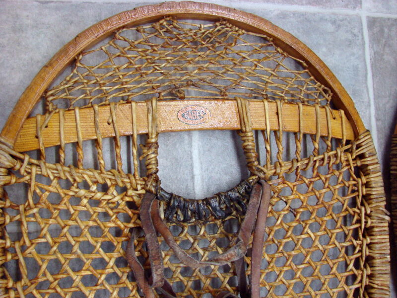 Vintage Faber Elbow Round Rawhide Wood Snowshoes Leather Strap Bindings, Moose-R-Us.Com Log Cabin Decor