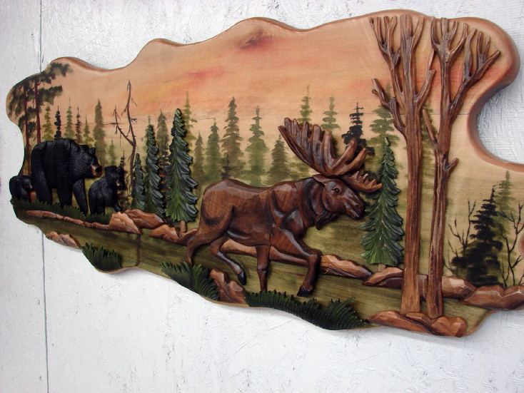 Carved Wood Moose and Bear Intarsia Natural Wood Wall Art Picture, Moose-R-Us.Com Log Cabin Decor