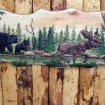 Moose and Bear in Forest 38-42" Intarsia Wood Carving Natural Wood Wall Art Picture