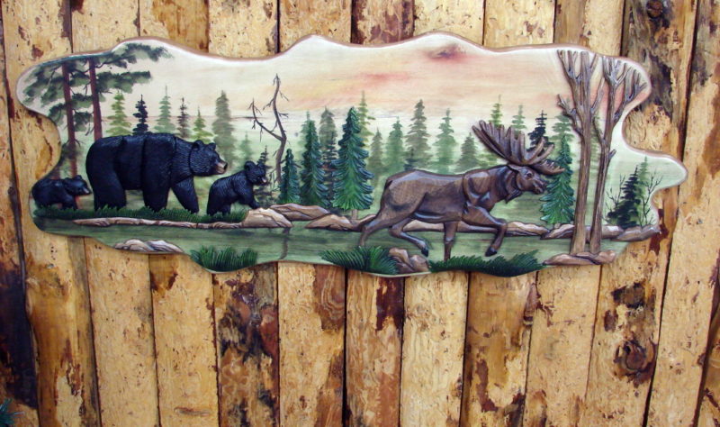 Moose and Bear in Forest 38-42&#8243; Intarsia Wood Carving Natural Wood Wall Art Picture, Moose-R-Us.Com Log Cabin Decor