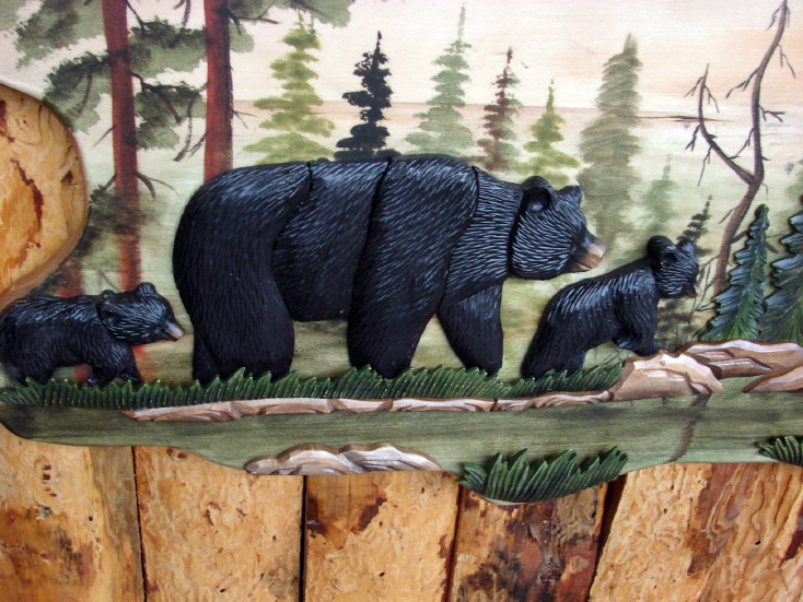 Carved Wood Moose and Bear Intarsia Natural Wood Wall Art Picture, Moose-R-Us.Com Log Cabin Decor