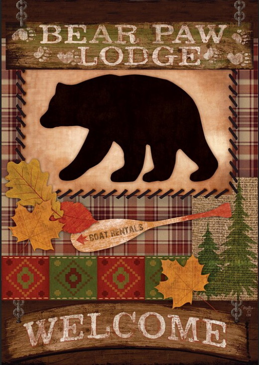 Double Sided Decorative Flag Porch Garden Decor Bear Paw Lodge Welcome, Moose-R-Us.Com Log Cabin Decor