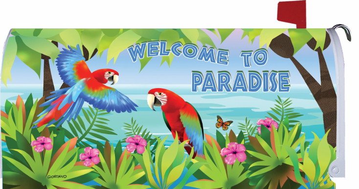 Mailbox Makeover Magnetic Vinyl Artwork Tropical Parrots in Paradise, Moose-R-Us.Com Log Cabin Decor