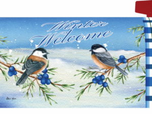 Mailbox Makeover Magnetic Vinyl Artwork Chickadees in Winter Blue Berry Cedar