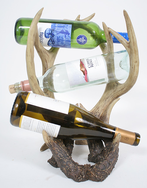 Rustic Deer Antler Wine Rack Bottle Holder Hold 3 Bottles, Moose-R-Us.Com Log Cabin Decor