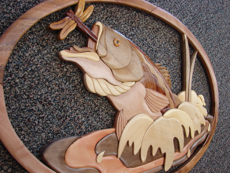 Solid Wood Intarsia Bass with Dragonfly Wall Decor Fishing Theme
