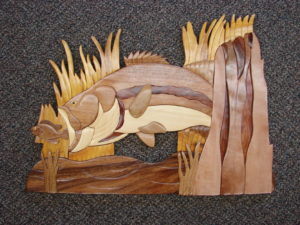 Solid Wood Intarsia Bass with Bait Fish Wall Decor Fishing Theme