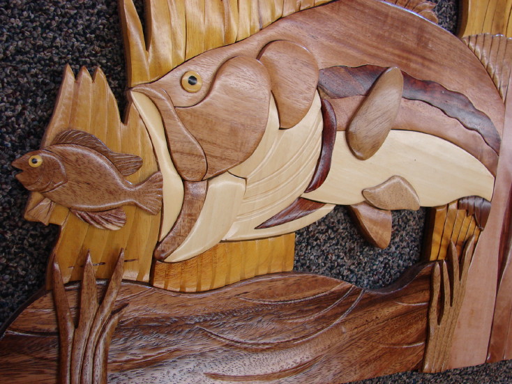 Solid Wood Intarsia Bass with Bait Fish Wall Decor Fishing Theme, Moose-R-Us.Com Log Cabin Decor