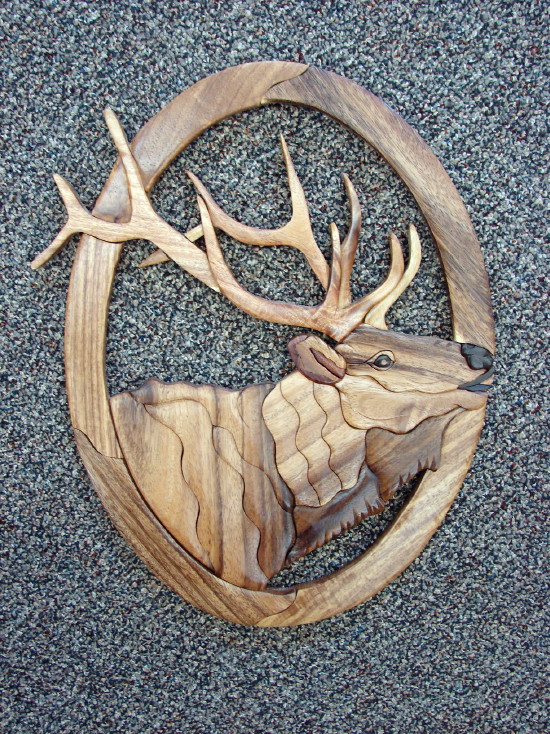 Solid Wood Intarsia Inlaid Bull Elk Head Wall Picture Wall Hanging, Moose-R-Us.Com Log Cabin Decor