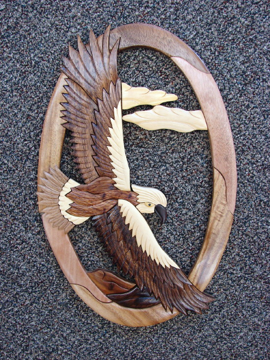 Solid Wood Intarsia Hawk Bird of Prey Wall Decor, Moose-R-Us.Com Log Cabin Decor