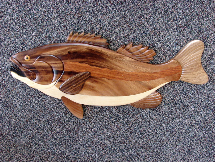Solid Wood Intarsia Bass Fish Wall Decor Fishing Theme, Moose-R-Us.Com Log Cabin Decor