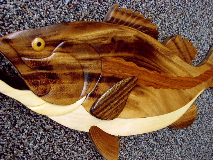 Solid Wood Intarsia Bass Wall Decor Fishing Theme, Moose-R-Us.Com Log Cabin Decor