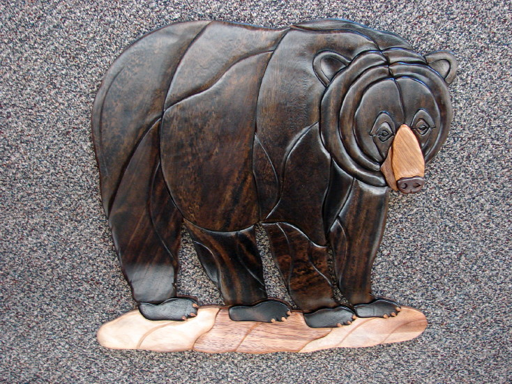 Solid Wood Intarsia Inlaid Black Bear Wall Picture Wall Hanging, Moose-R-Us.Com Log Cabin Decor