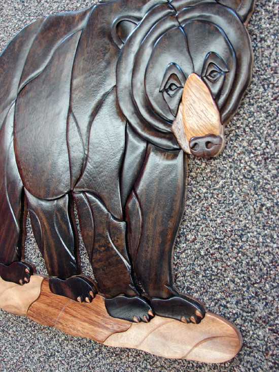 Solid Wood Intarsia Inlaid Black Bear Wall Picture Wall Hanging, Moose-R-Us.Com Log Cabin Decor