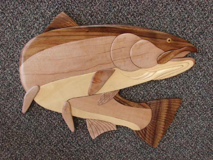 Solid Wood Intarsia Steelhead Fish Cabin Wall Decor Fishing Theme, Moose-R-Us.Com Log Cabin Decor