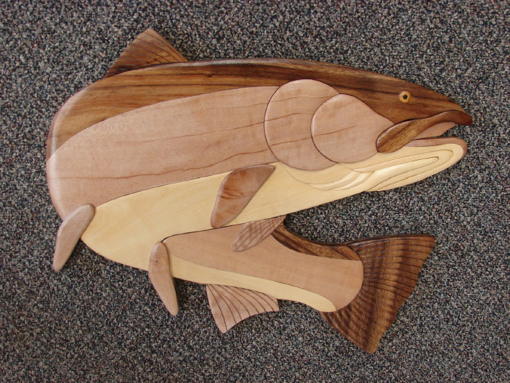 Solid Wood Intarsia Steelhead Fish Cabin Wall Decor Fishing Theme -   Log Cabin Decor