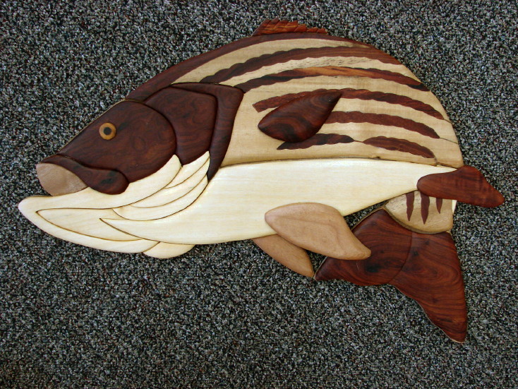 Solid Wood Intarsia Striped Bass Fish Wall Decor Fishing Theme -   Log Cabin Decor