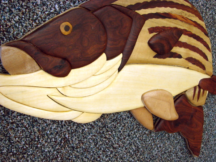 Solid Wood Intarsia Striped Bass Fish Wall Decor Fishing Theme, Moose-R-Us.Com Log Cabin Decor